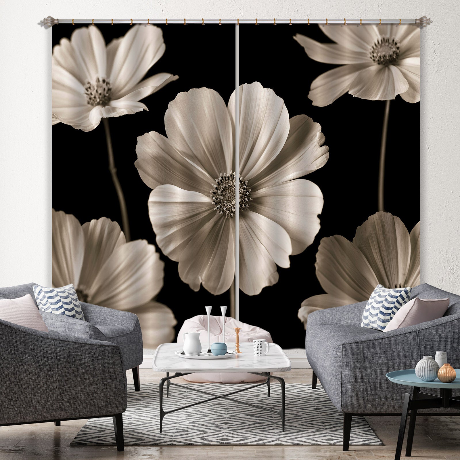 3D White Flowers 6307 Assaf Frank Curtain Curtains Drapes