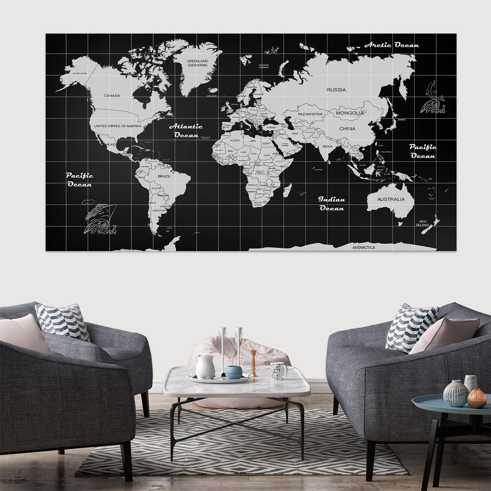 3D Gray Pattern 242 World Map Wall Sticker