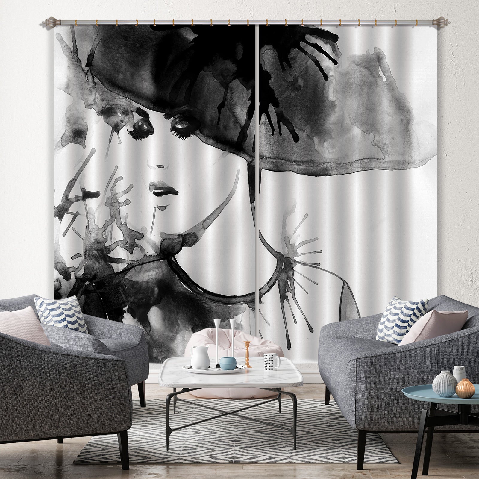 3D Black Hat Ladies 019 Curtains Drapes