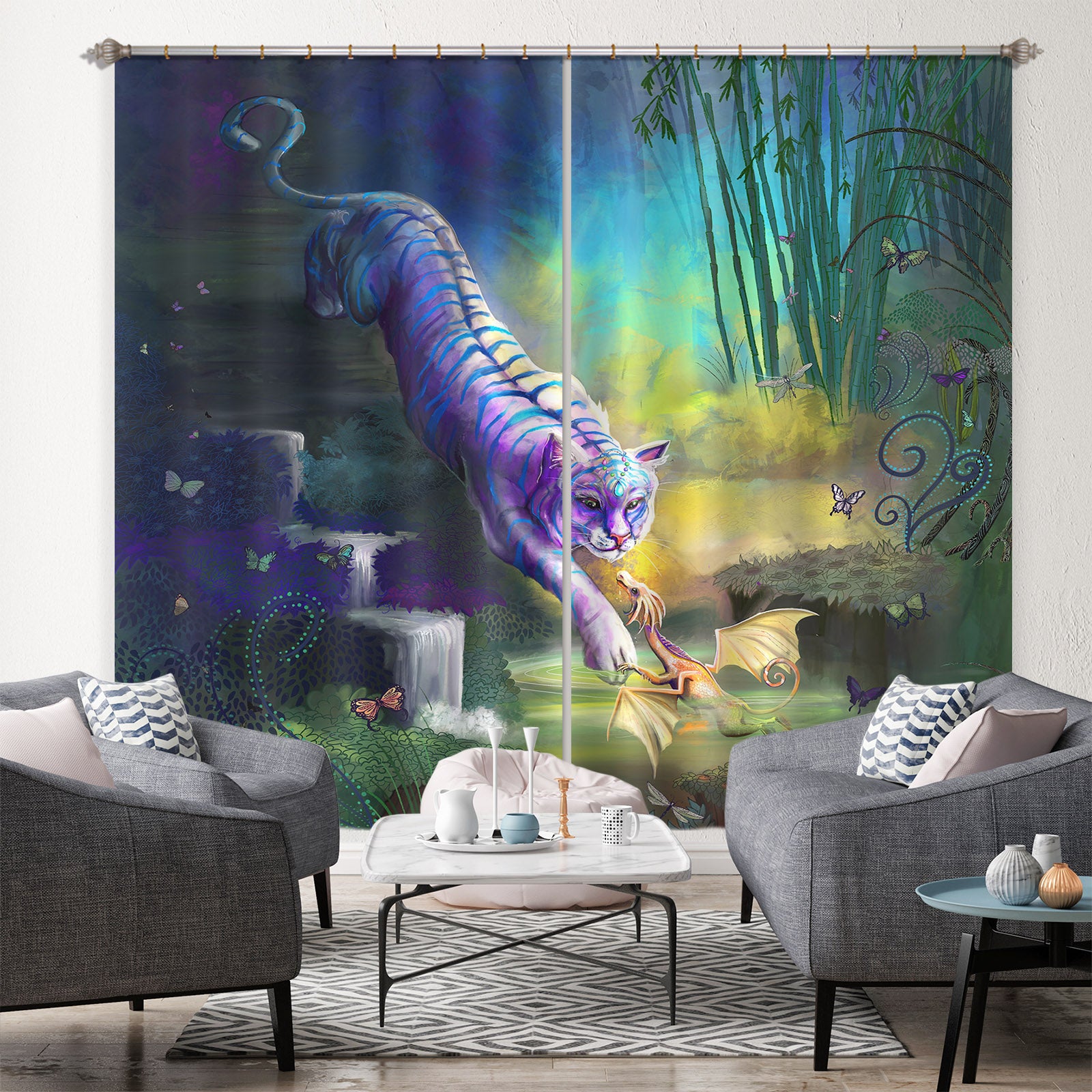 3D White Tiger 123 Rose Catherine Khan Curtain Curtains Drapes