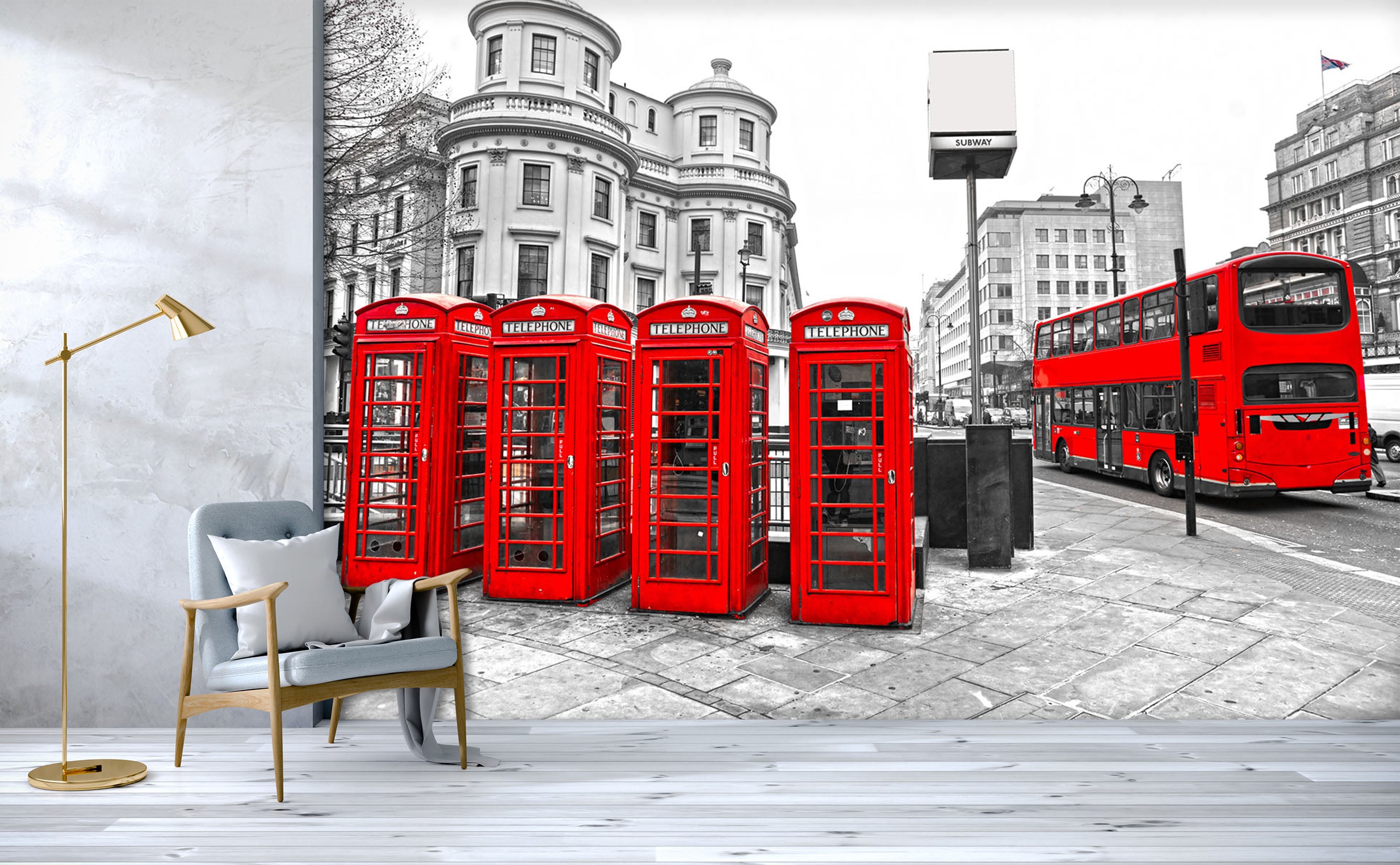 3D Telephone Booth Bus 115 Vehicle Wall Murals