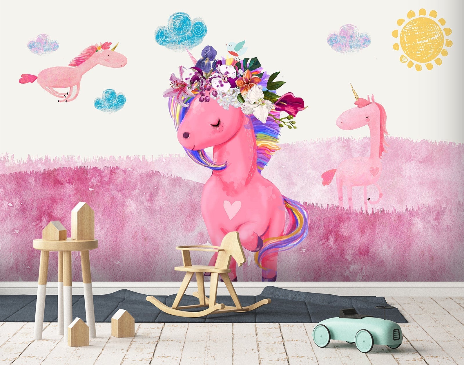 3D Pink Cartoon Unicorn 008 Wall Murals Wallpaper AJ Wallpaper 2
