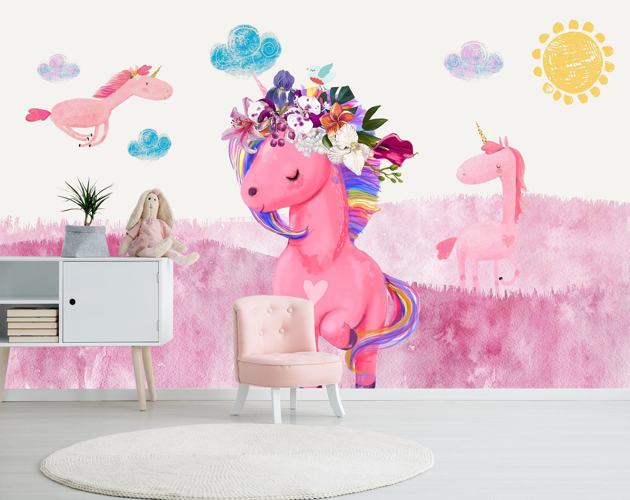 3D Pink Cartoon Unicorn 008 Wall Murals Wallpaper AJ Wallpaper 2
