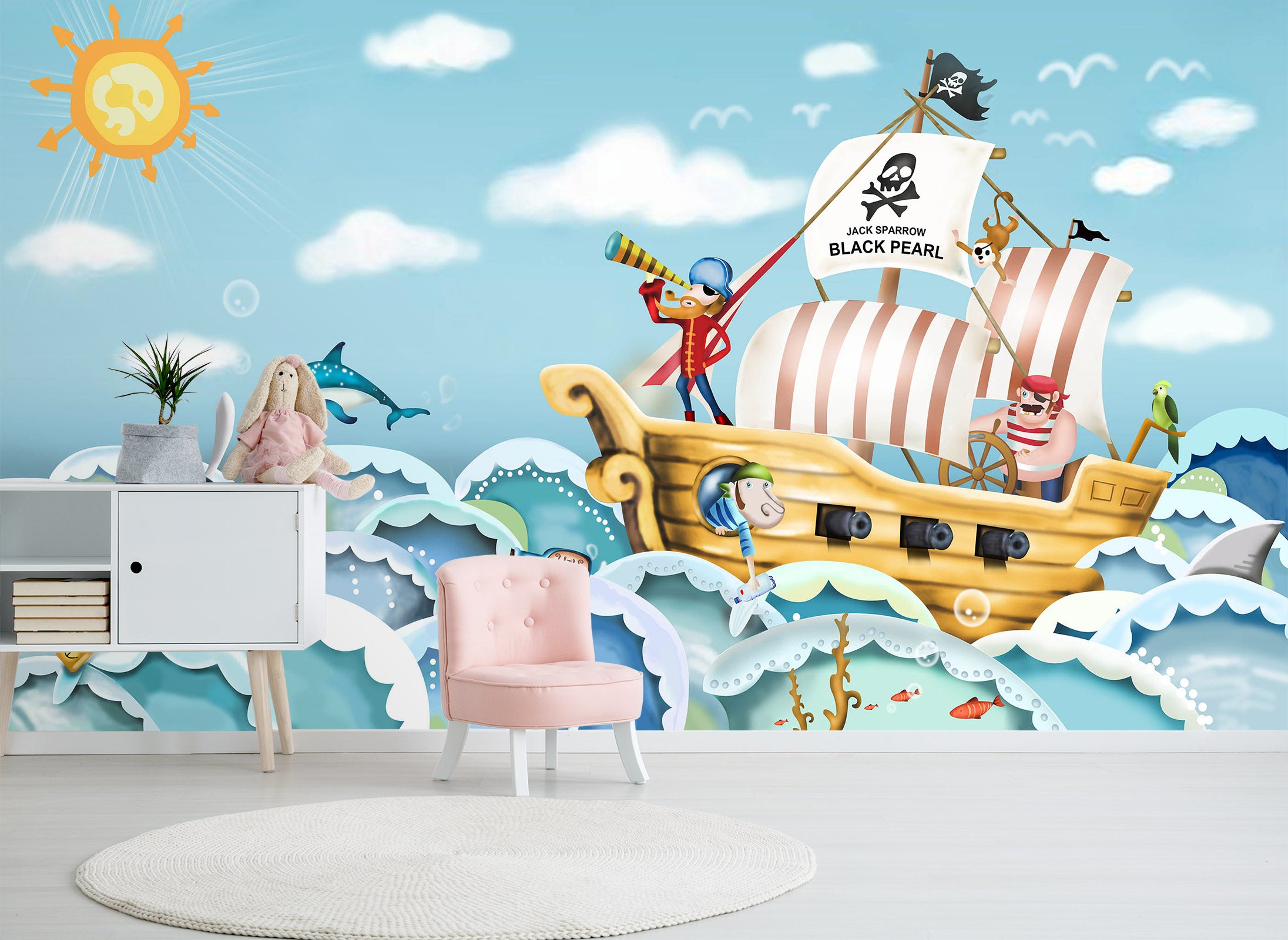3D Cartoon Pirate Ship 006 Wall Murals