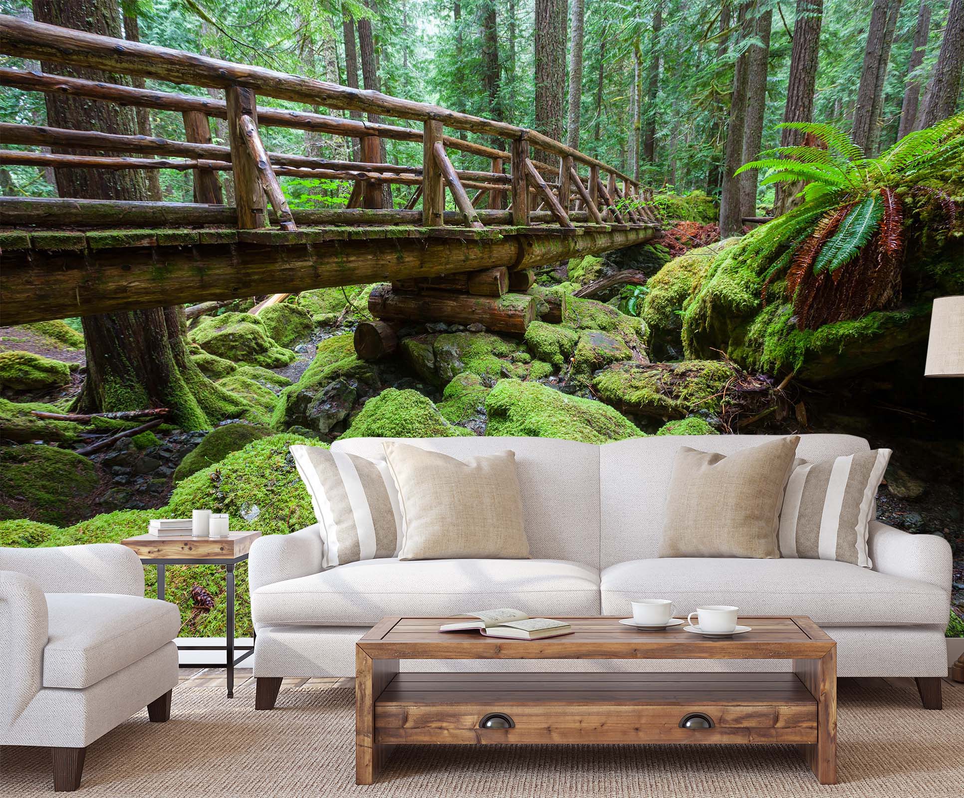 3D Green Wooden Bridge Stone 023 Wall Murals