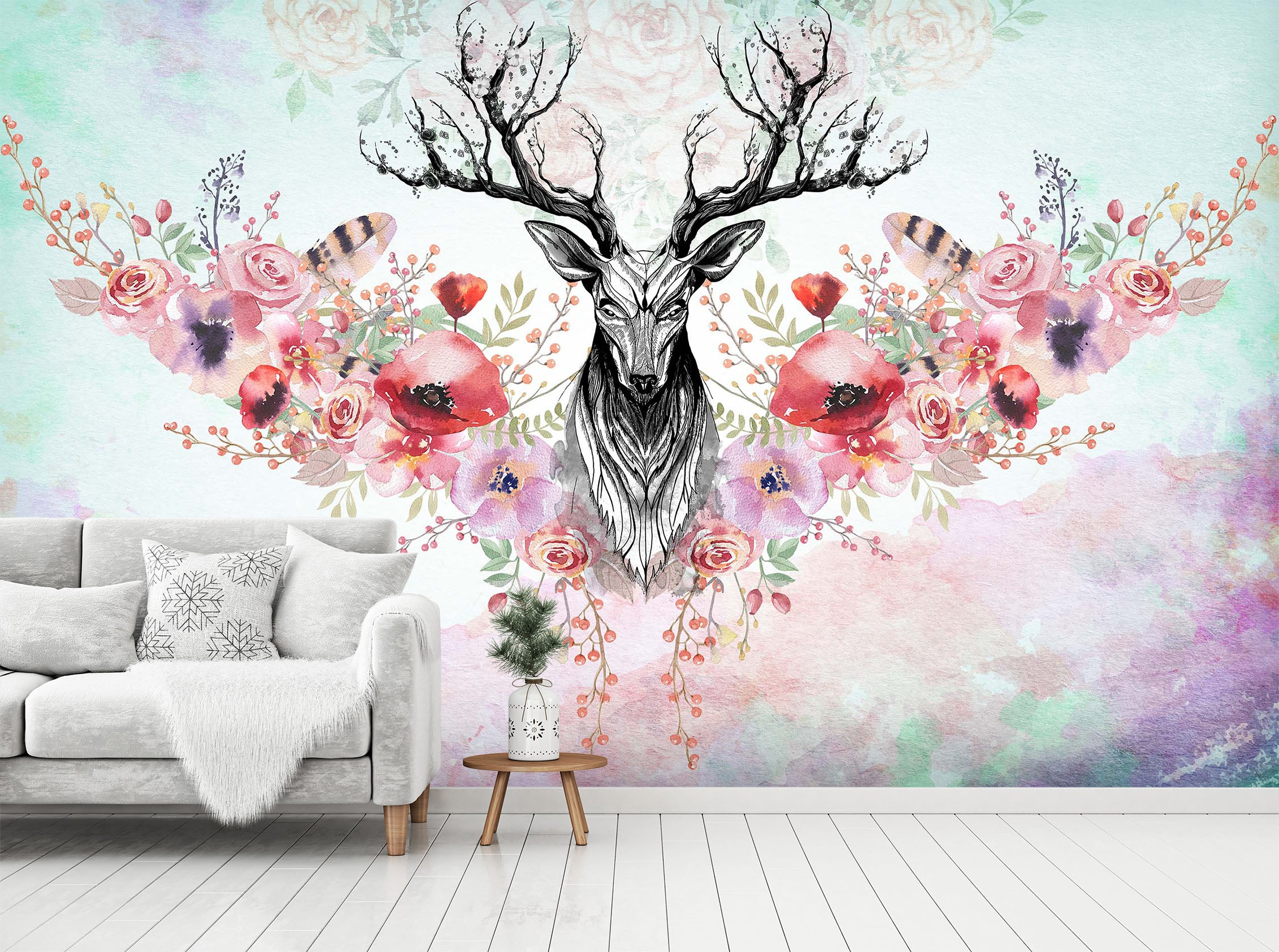 3D Flower Deer 1452 Wall Murals