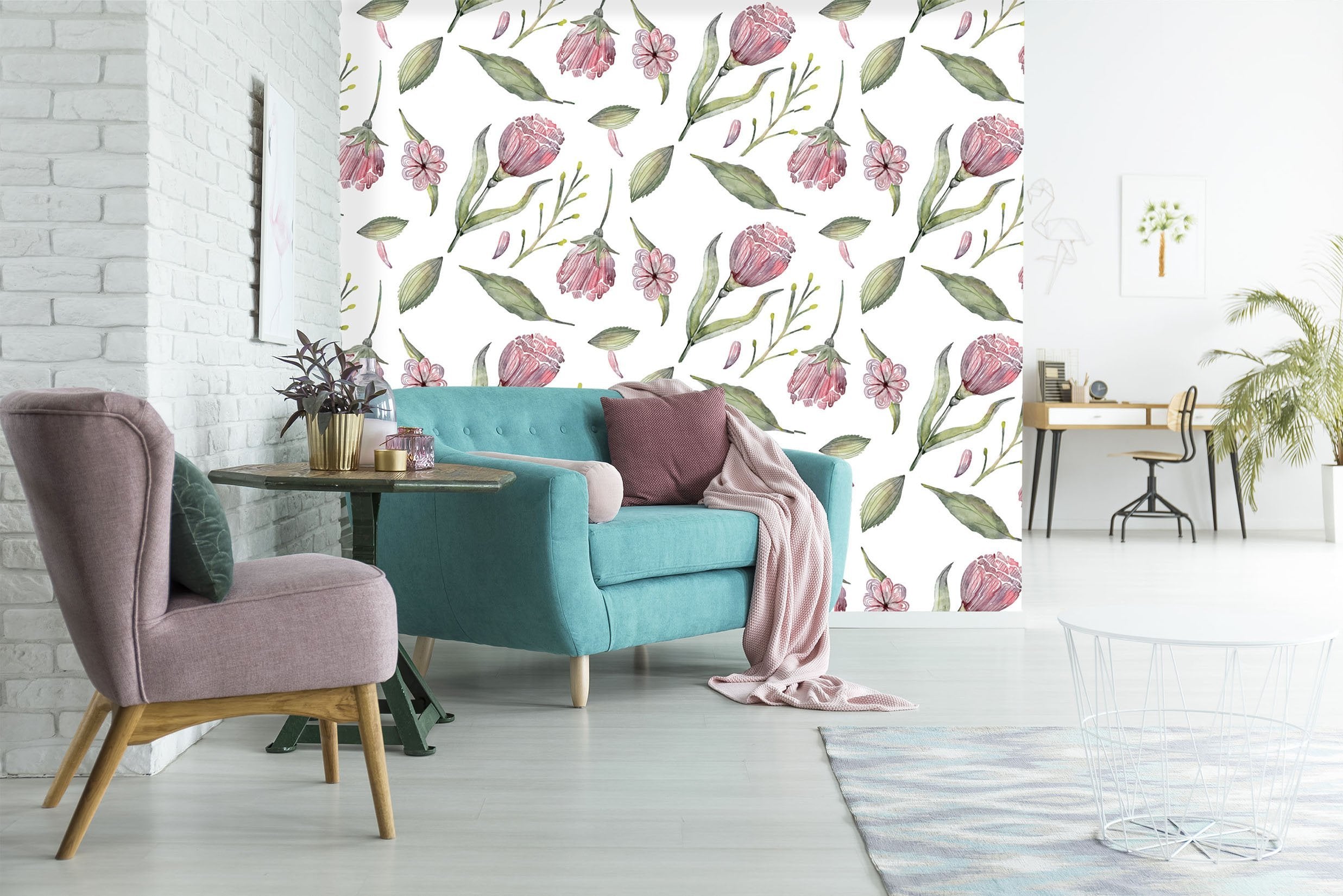 3D Green Leaves Red Flowers 044 Wallpaper AJ Wallpaper