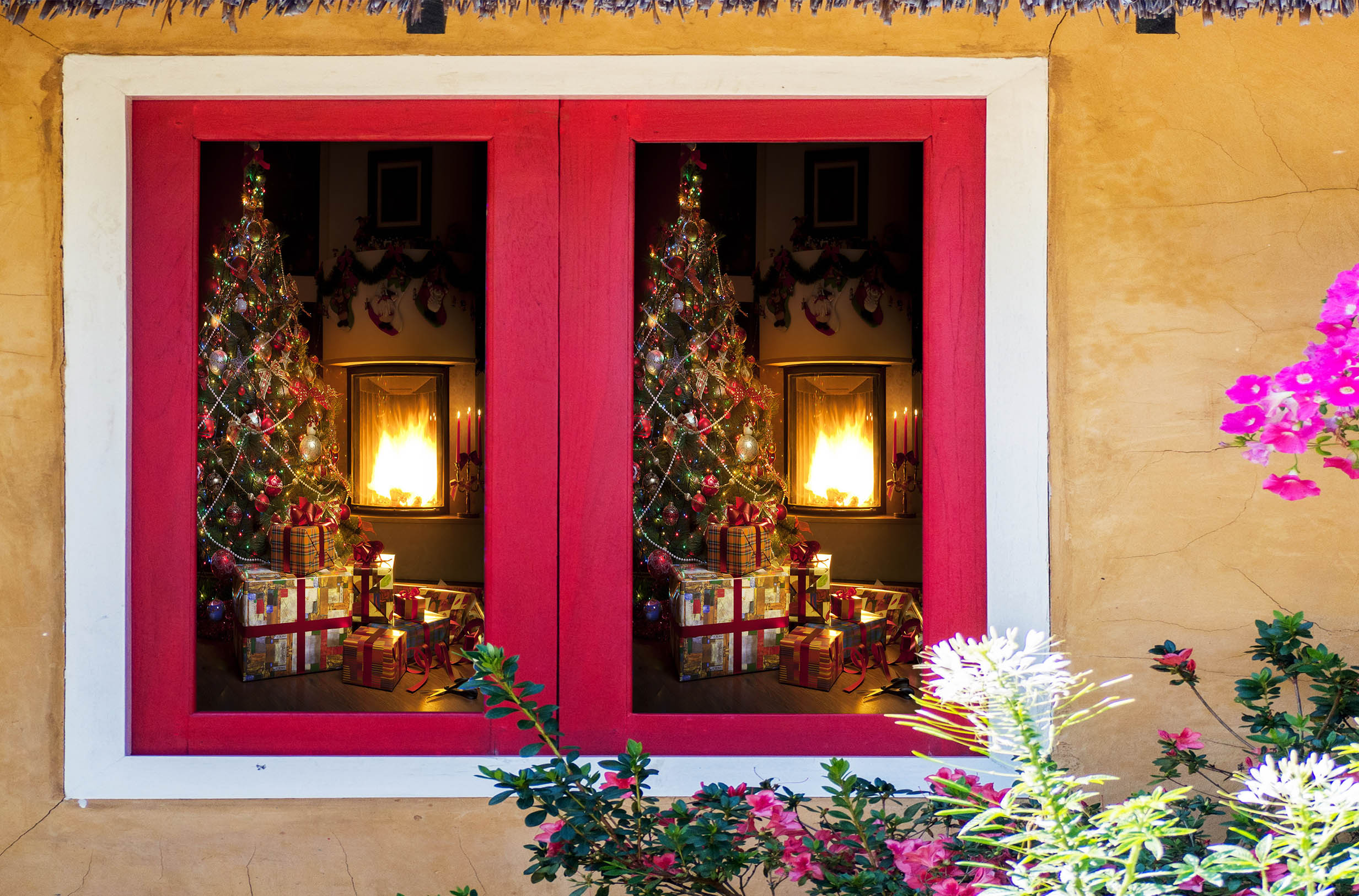 3D Tree Gift Fireplace 30004 Christmas Window Film Print Sticker Cling Stained Glass Xmas