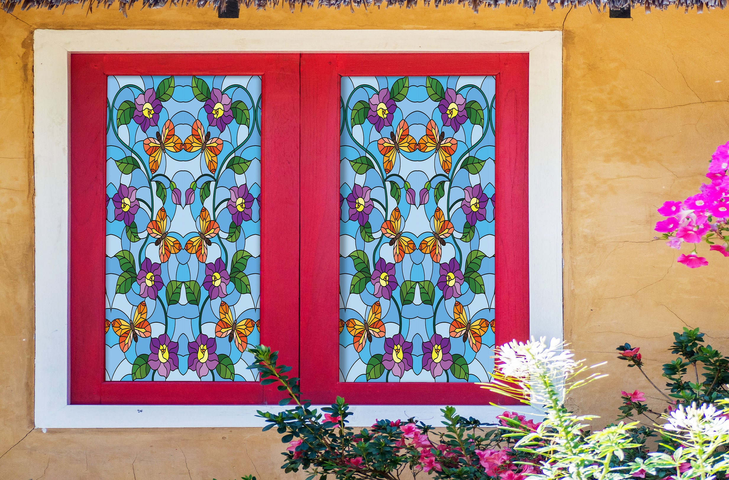 3D Flower Butterfly 407 Window Film Print Sticker Cling Stained Glass UV Block