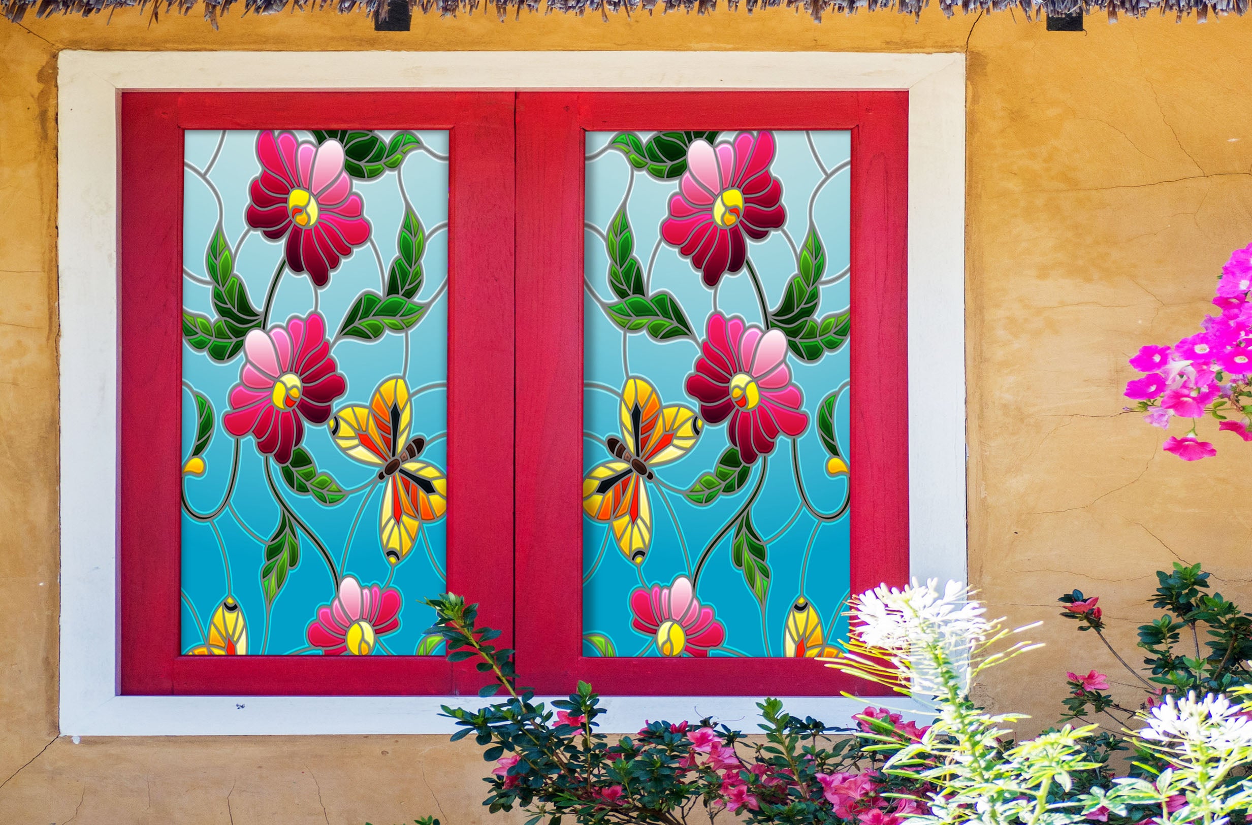 3D Butterfly Flower 089 Window Film Print Sticker Cling Stained Glass UV Block