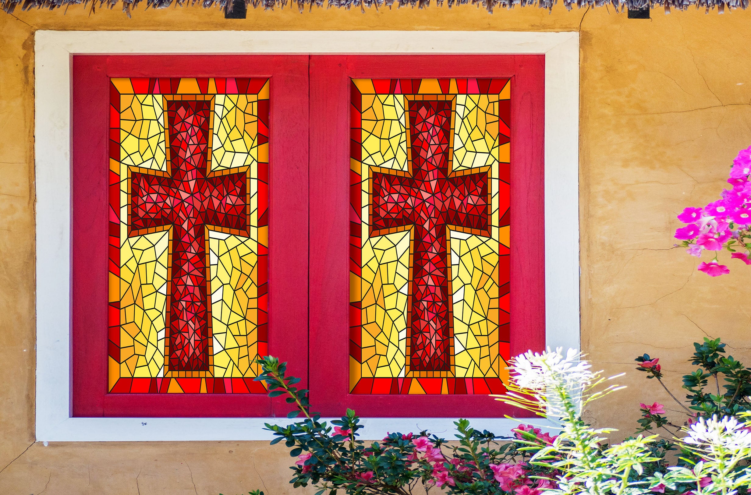 3D Red Cross 228 Window Film Print Sticker Cling Stained Glass UV Block