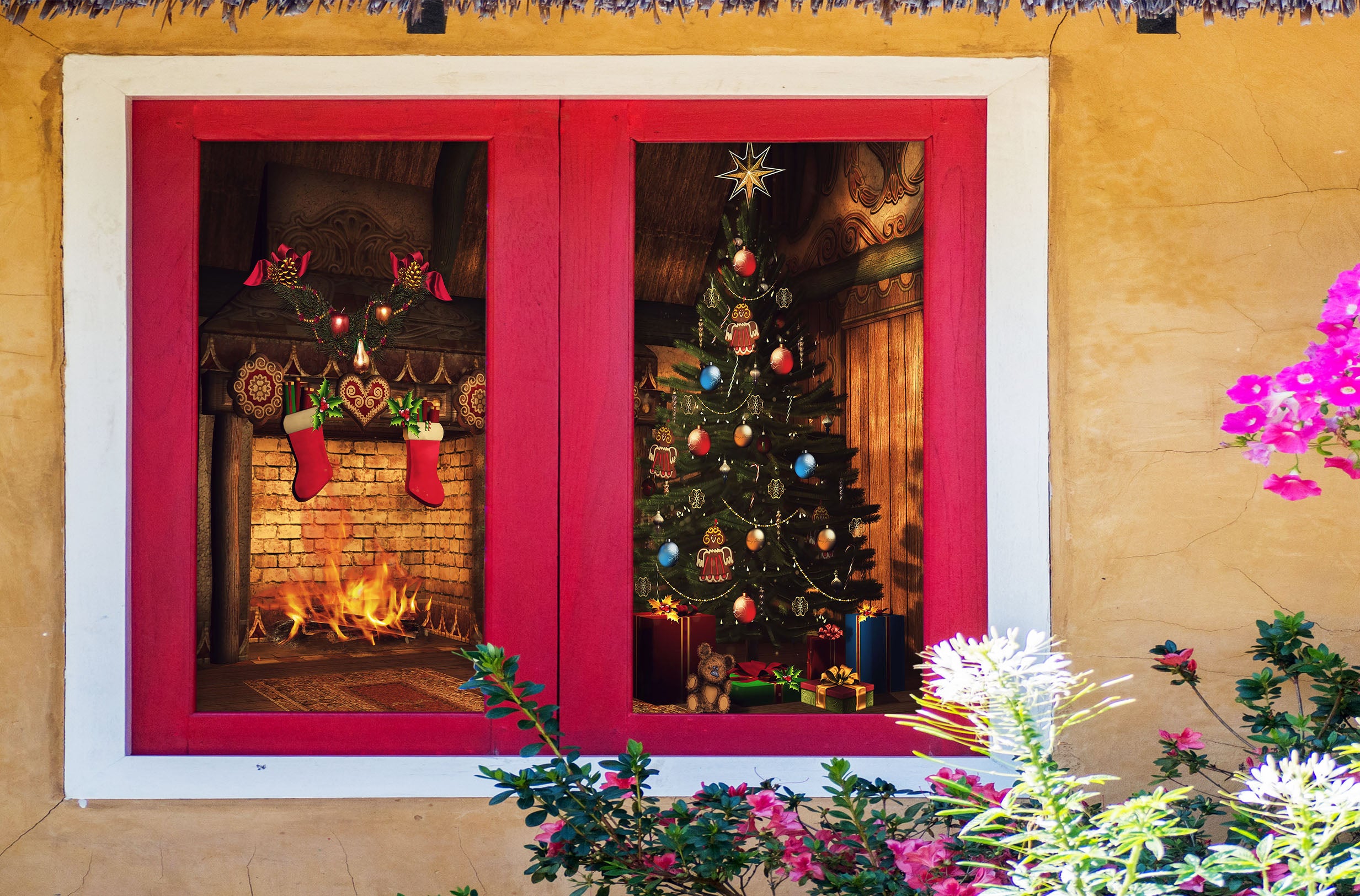 3D Christmas Tree Fireplace 31028 Christmas Window Film Print Sticker Cling Stained Glass Xmas