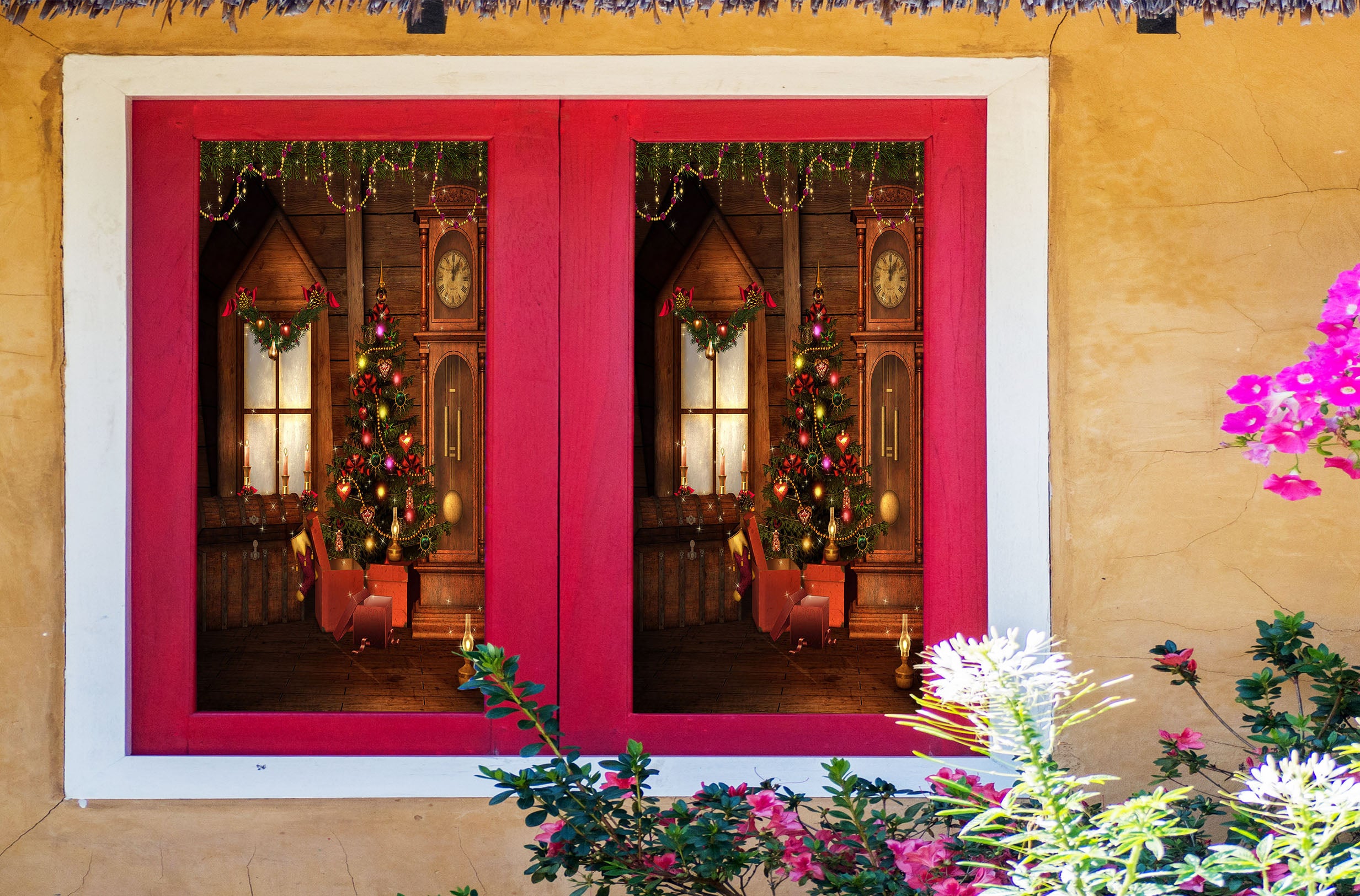 3D Wooden House Tree 30002 Christmas Window Film Print Sticker Cling Stained Glass Xmas