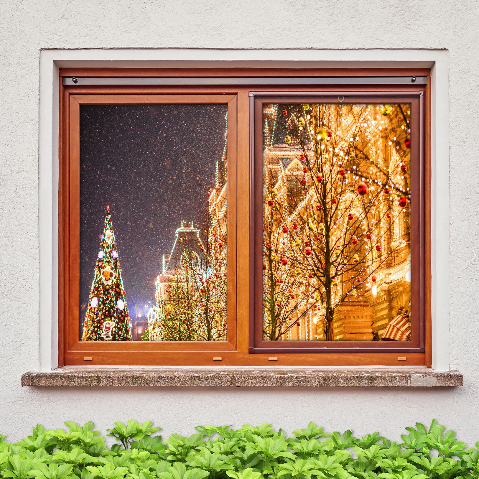 3D Light Building 30080 Christmas Window Film Print Sticker Cling Stained Glass Xmas