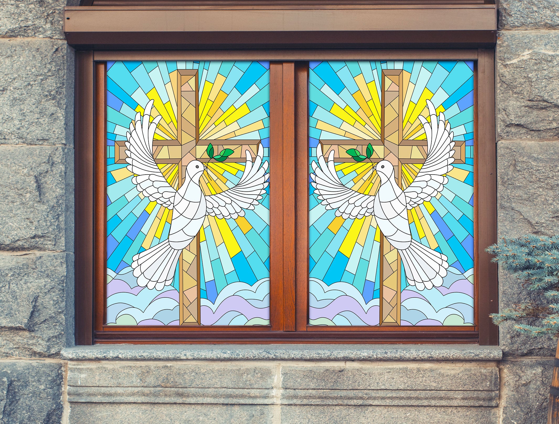3D Cross Dove 159 Window Film Print Sticker Cling Stained Glass UV Block