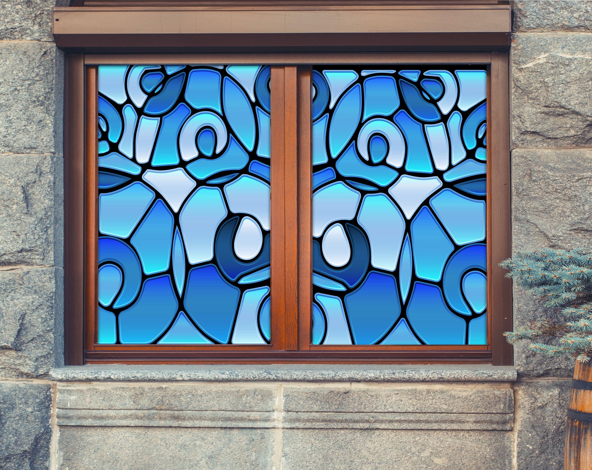 3D Blue Square 395 Window Film Print Sticker Cling Stained Glass UV Block