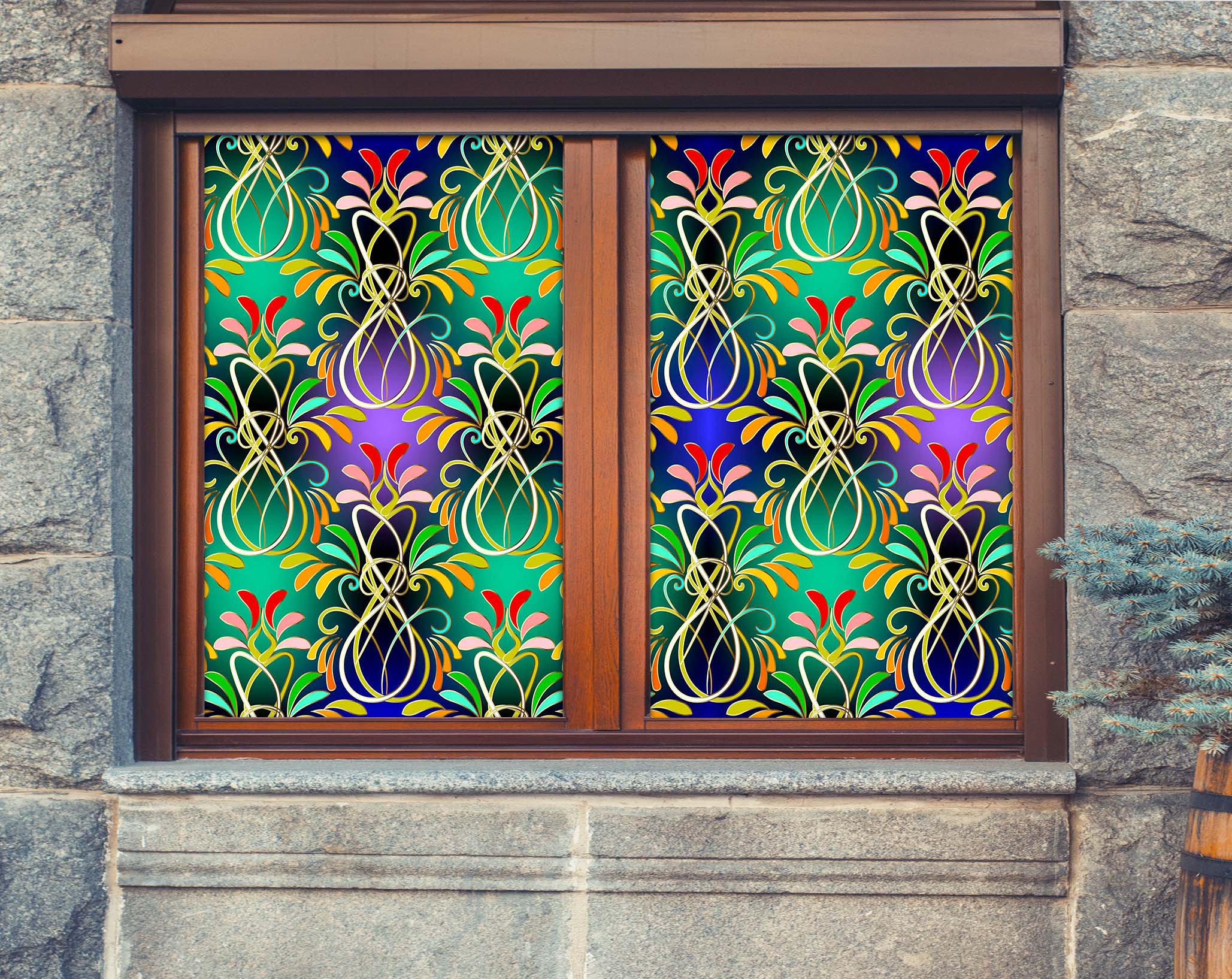 3D Green Flower Pattern 439 Window Film Print Sticker Cling Stained Glass UV Block