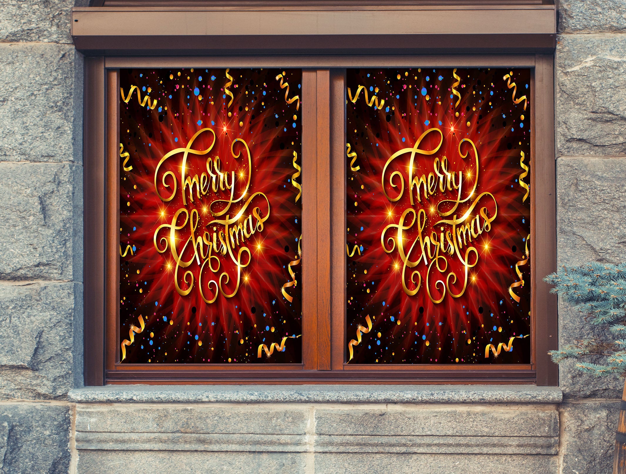 3D Merry Christmas 31086 Christmas Window Film Print Sticker Cling Stained Glass Xmas