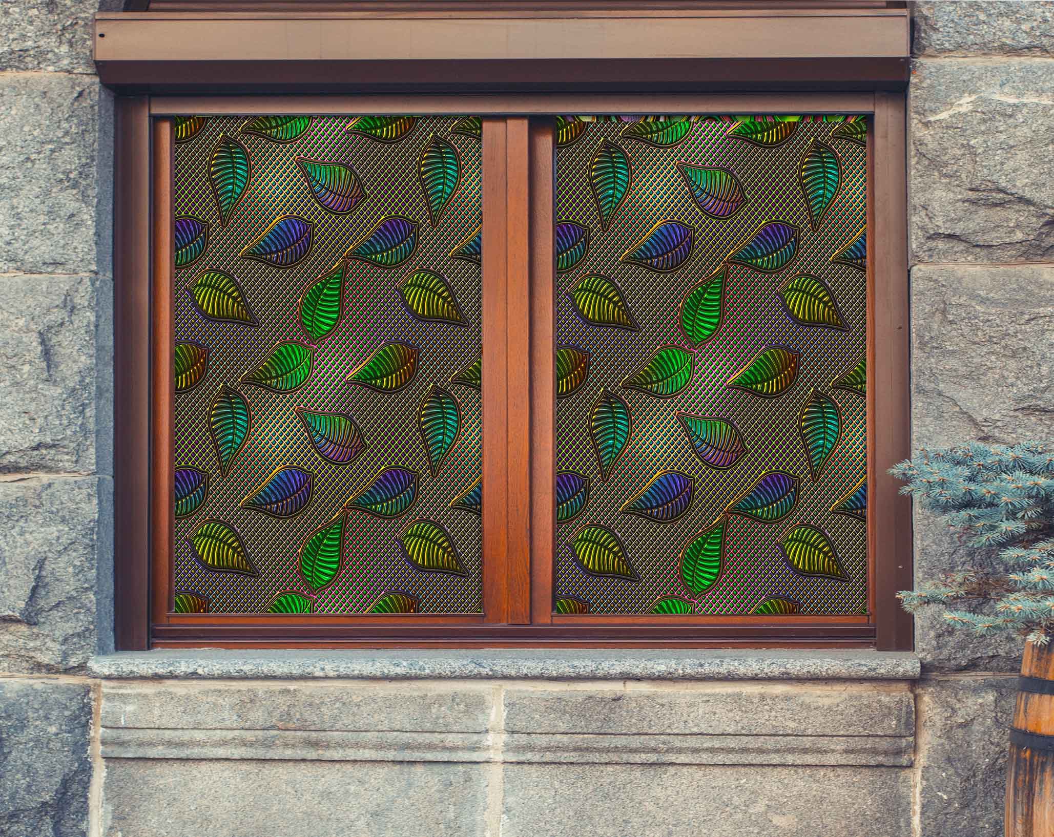 3D Green Leaves 443 Window Film Print Sticker Cling Stained Glass UV Block