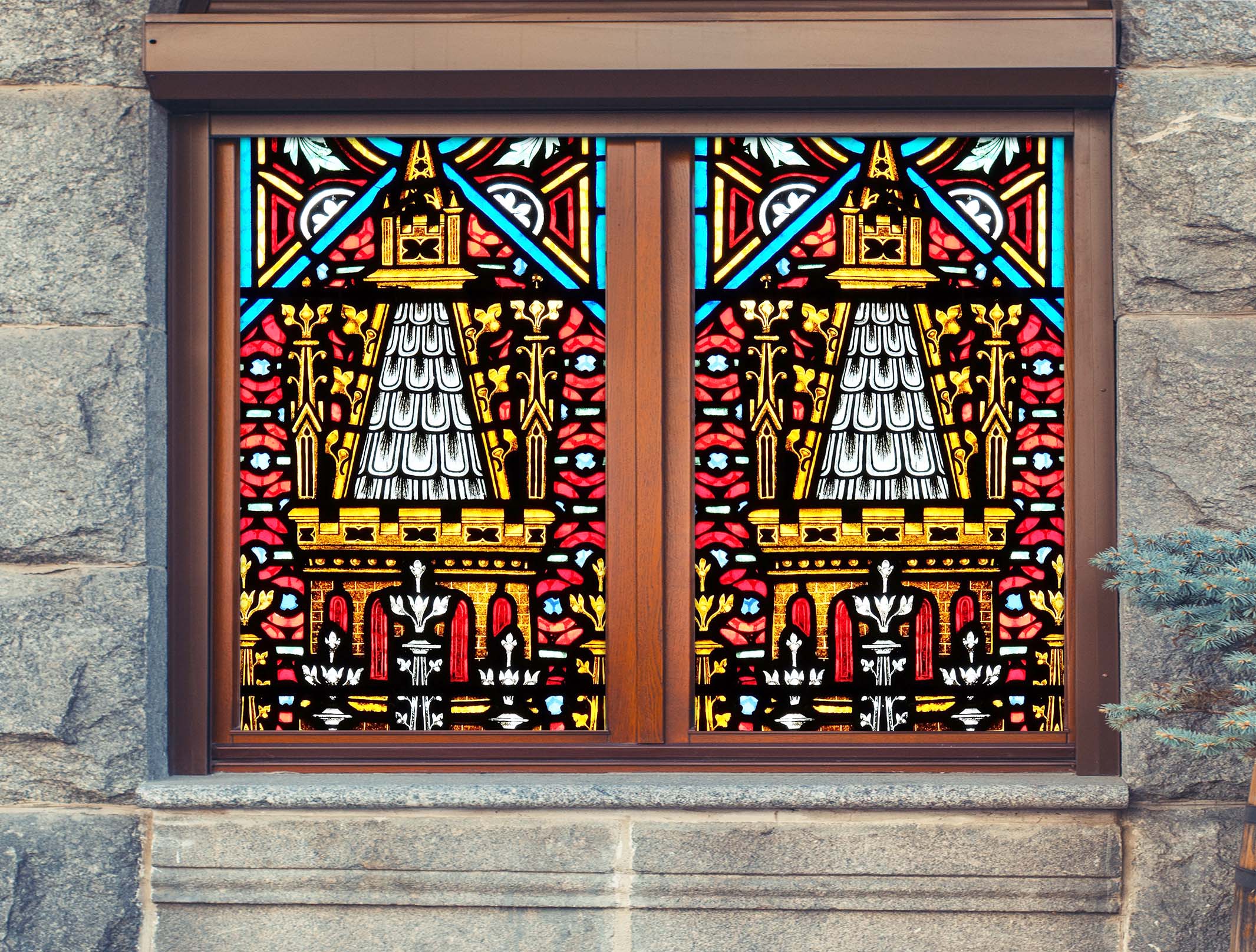 3D Golden Church 216 Window Film Print Sticker Cling Stained Glass UV Block