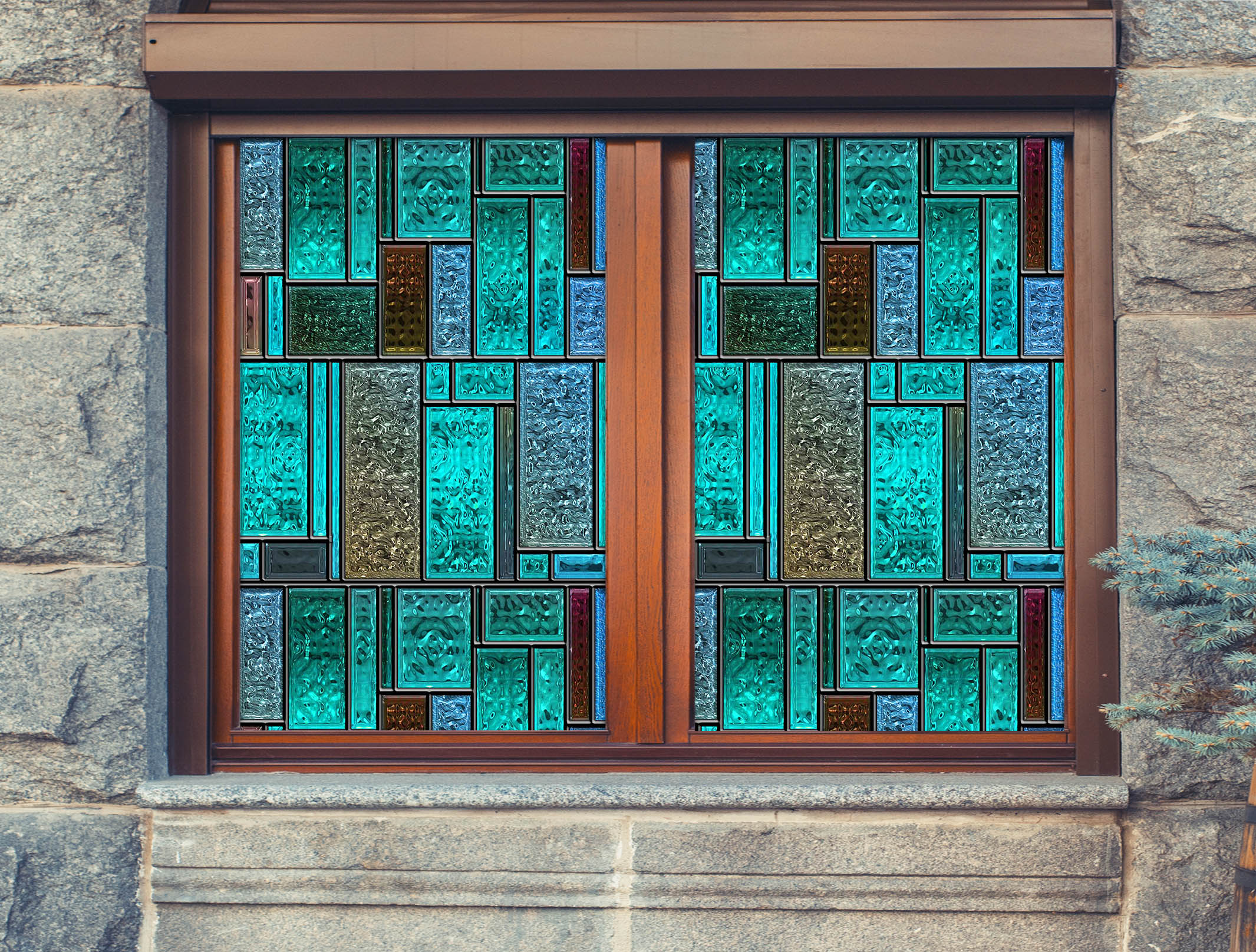 3D Green Square 120 Window Film Print Sticker Cling Stained Glass UV Block