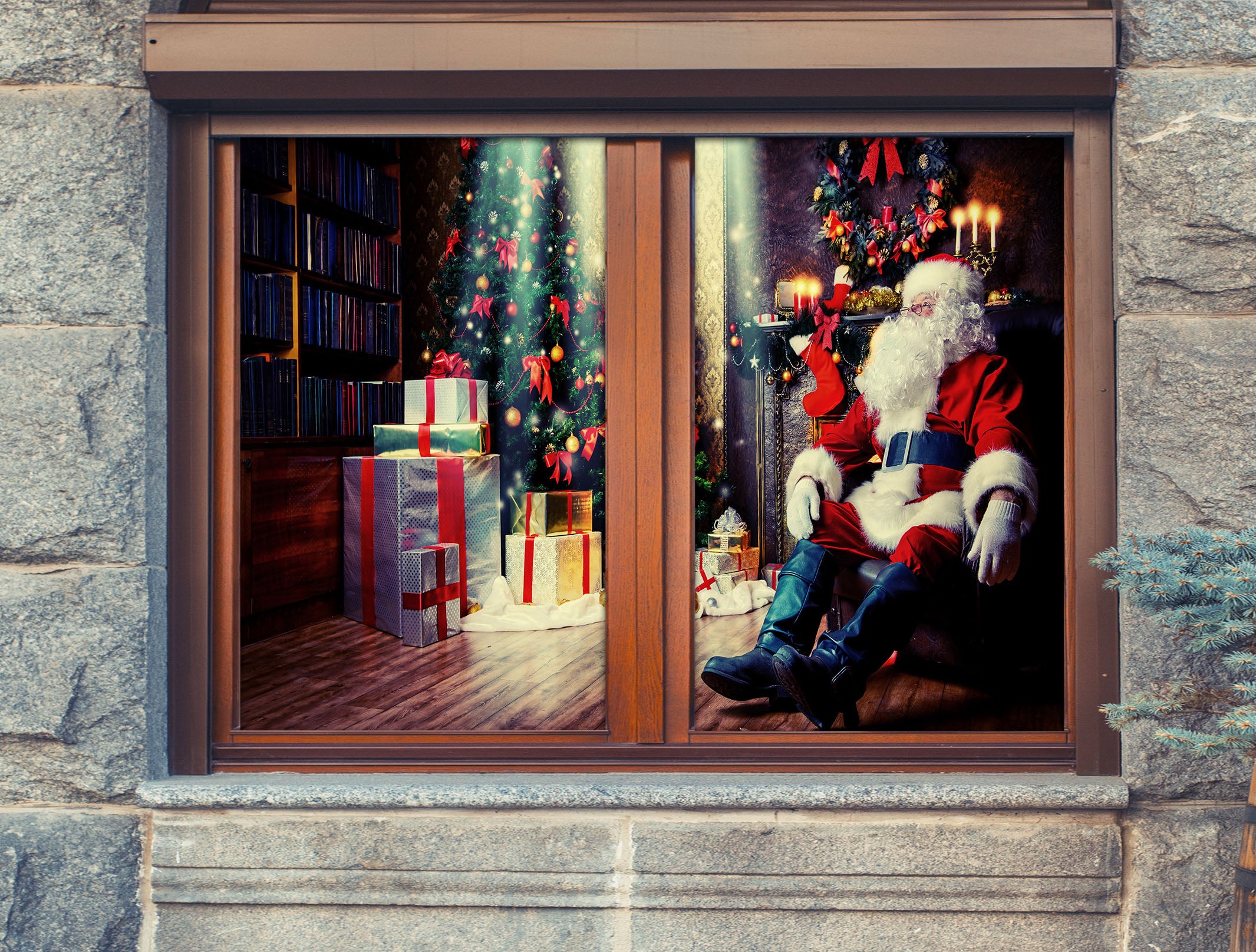 3D Santa Gift 30015 Christmas Window Film Print Sticker Cling Stained Glass Xmas