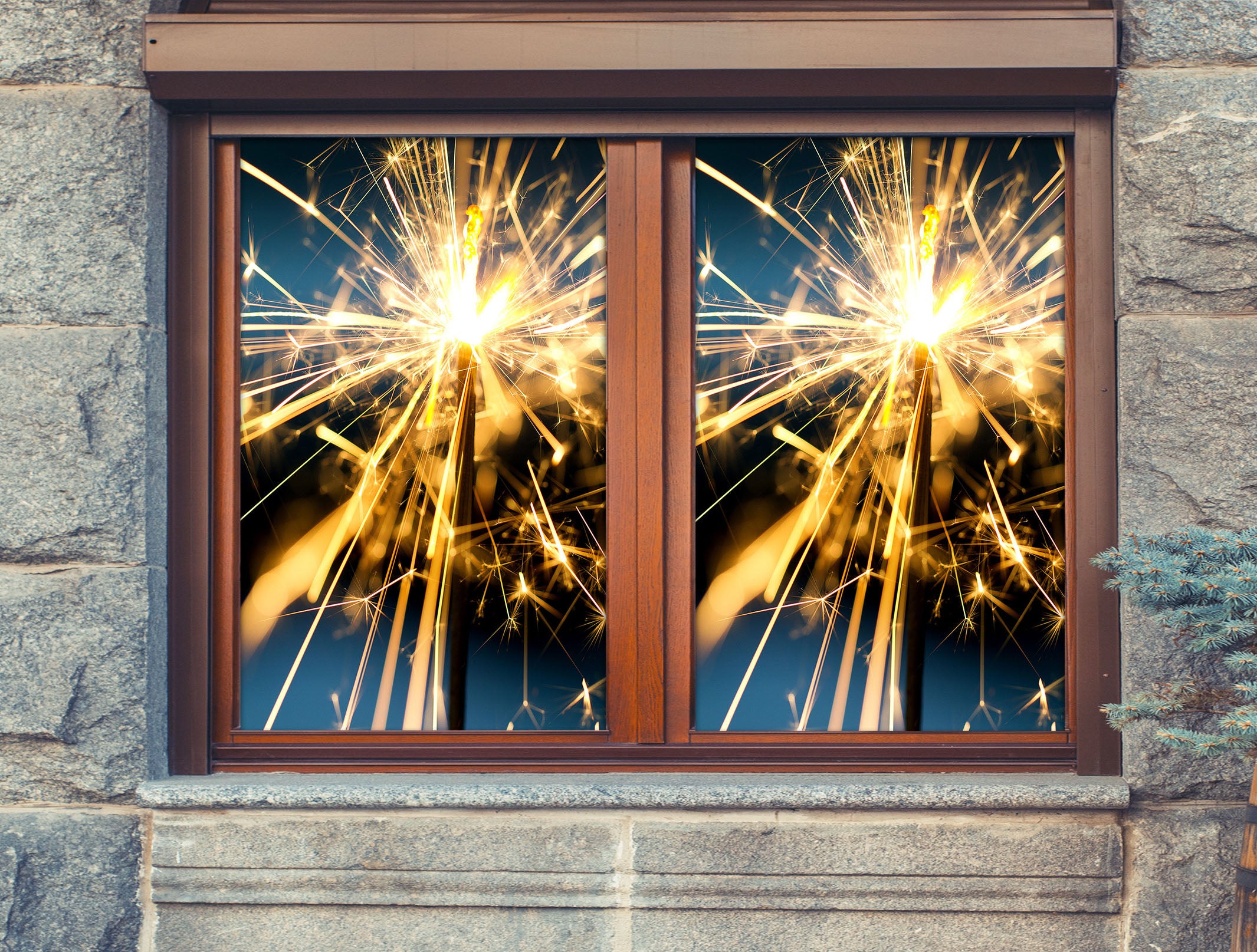 3D Fireworks 30131 Christmas Window Film Print Sticker Cling Stained Glass Xmas