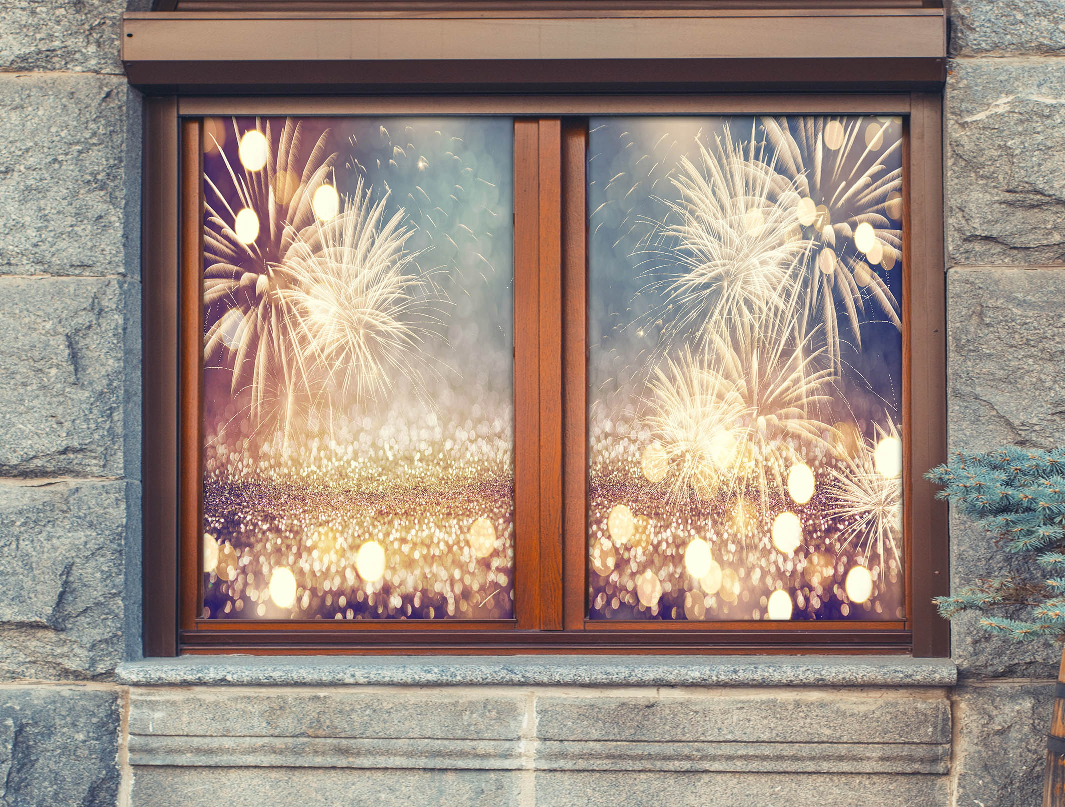 3D Fireworks 31047 Christmas Window Film Print Sticker Cling Stained Glass Xmas
