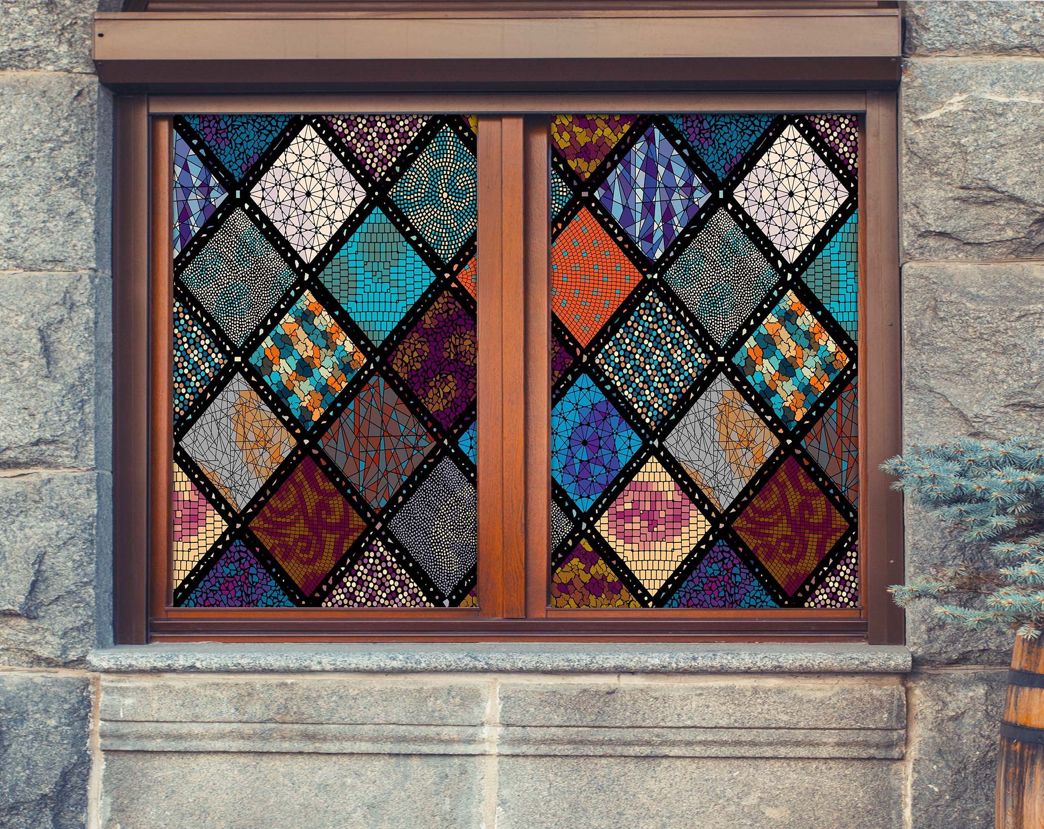 3D Colored Square 465 Window Film Print Sticker Cling Stained Glass UV Block