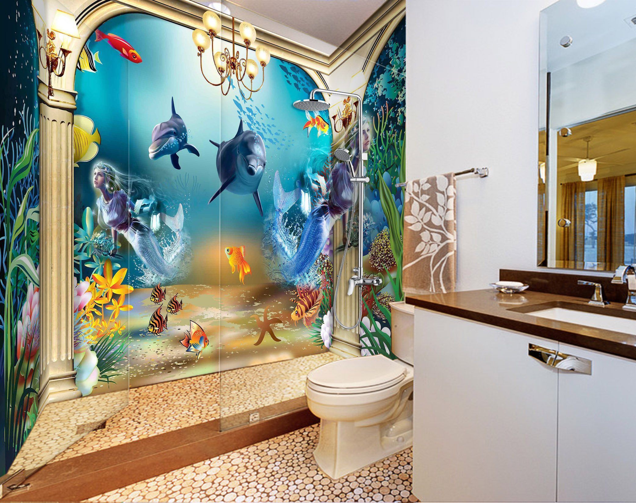 3D Ocean Mermaid Palace 7 Bathroom Wallpaper Wallpaper AJ Wallpaper