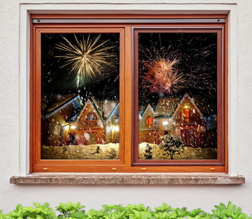 3D House Fireworks 1002 Christmas Window Film Print Sticker Cling Stained Glass Xmas