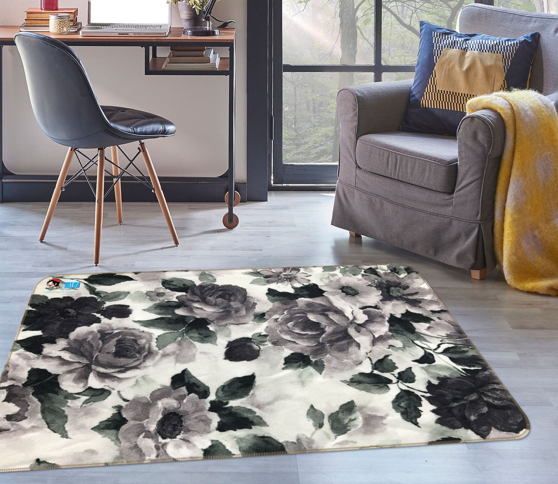 3D Gray Flower 3009 Rug Non Slip Rug Mat