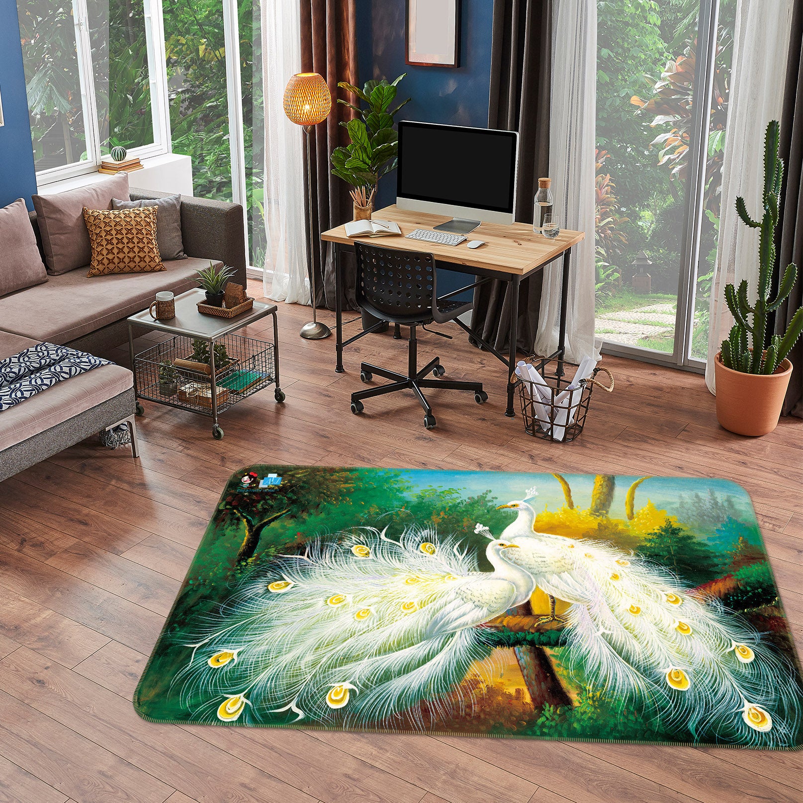 3D White Peacock 3068 Rug Non Slip Rug Mat