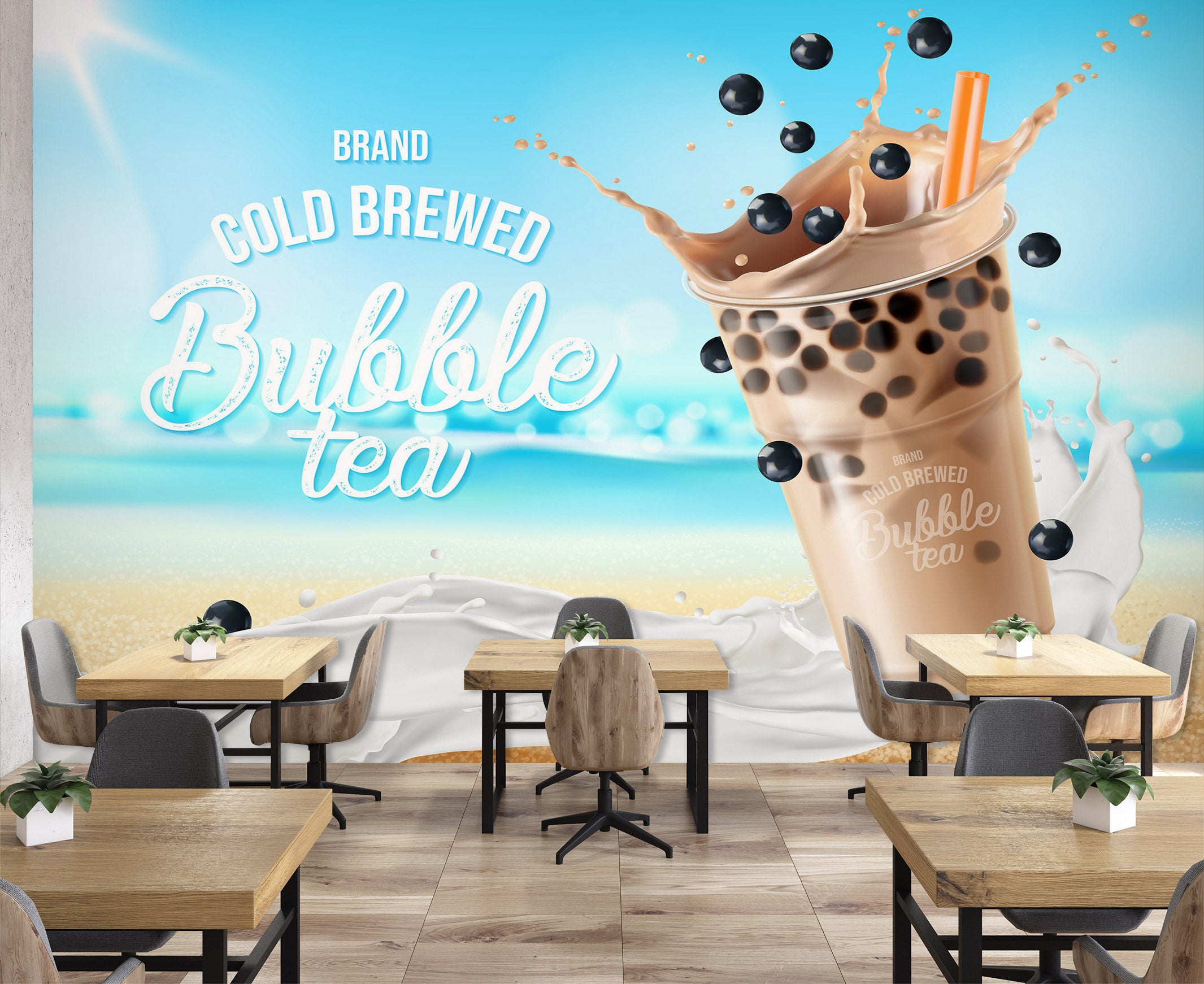 3D Pearl Tea 2074 Fruit Bubble Tea Milk Tea Shop Wall Murals