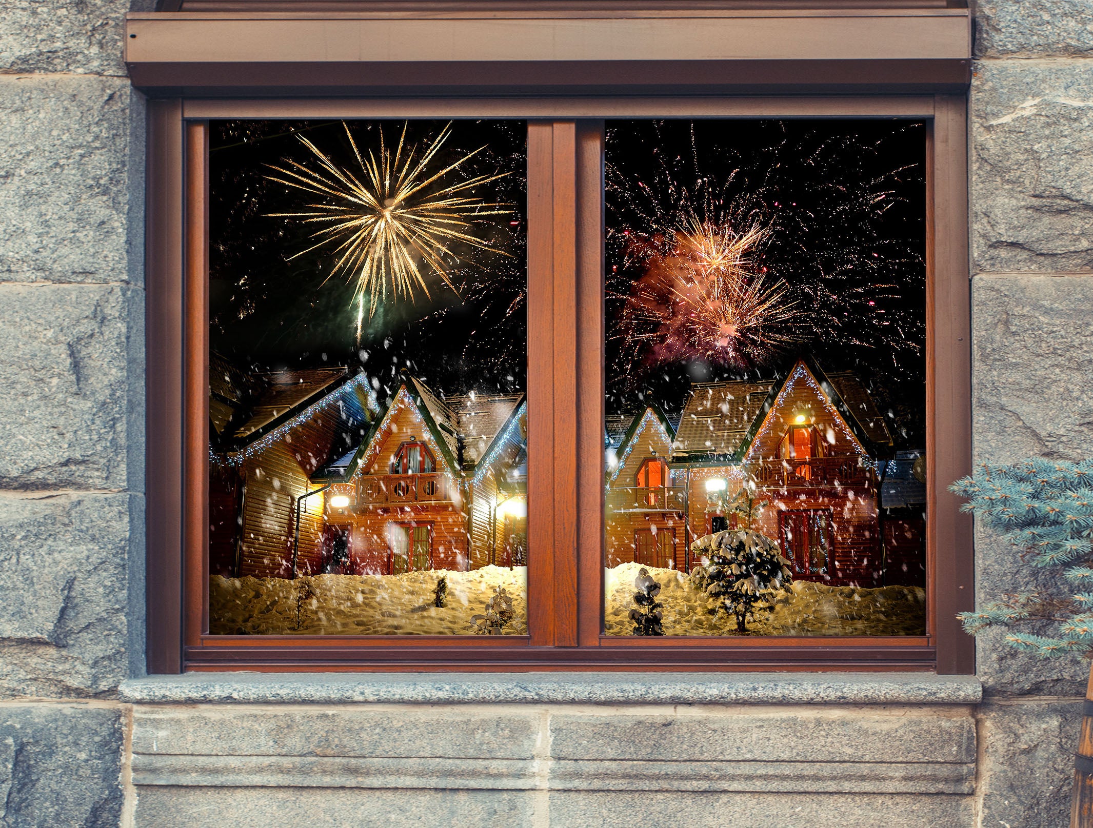 3D House Fireworks 1002 Christmas Window Film Print Sticker Cling Stained Glass Xmas