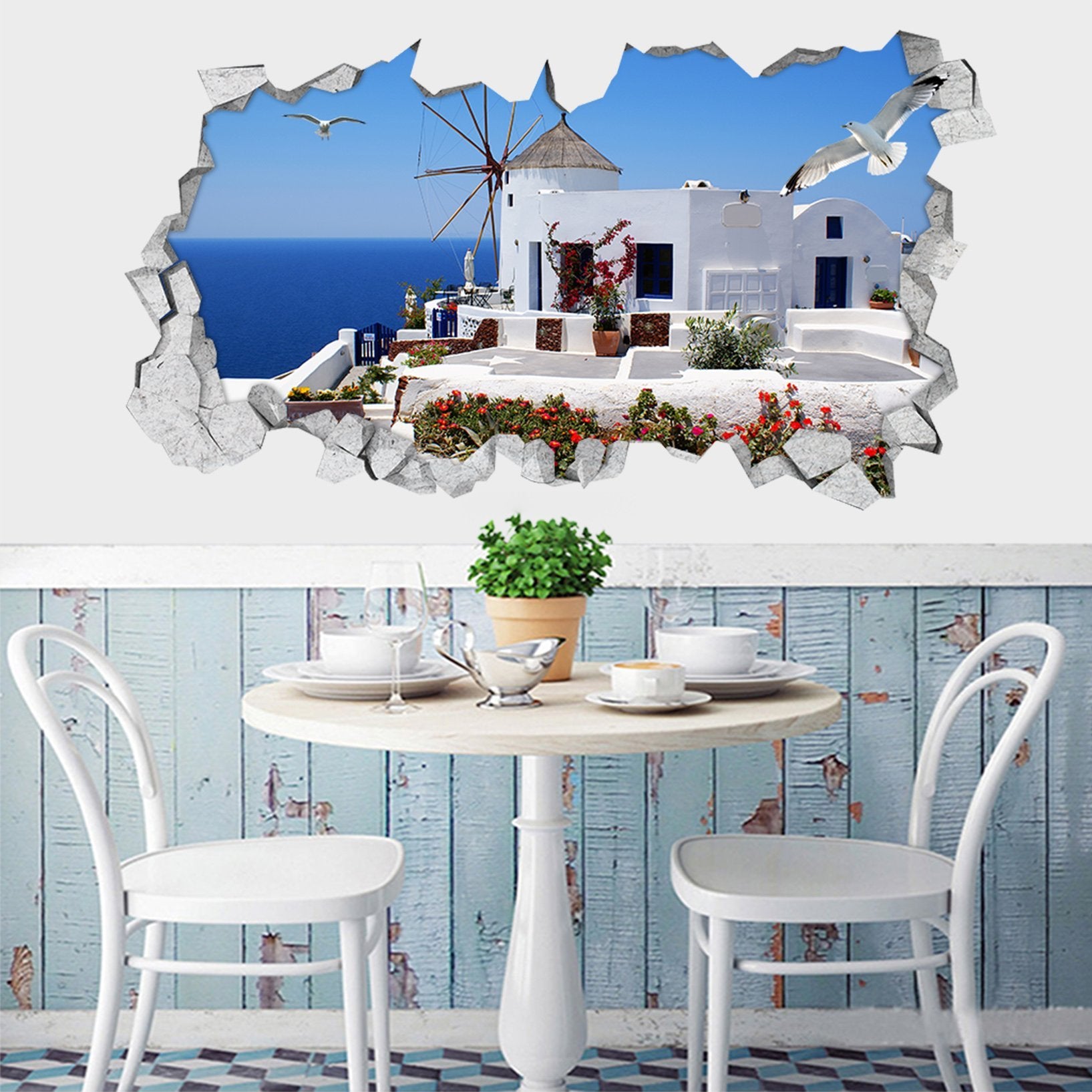 3D Santorini Island Seagulls 400 Broken Wall Murals Wallpaper AJ Wallpaper 