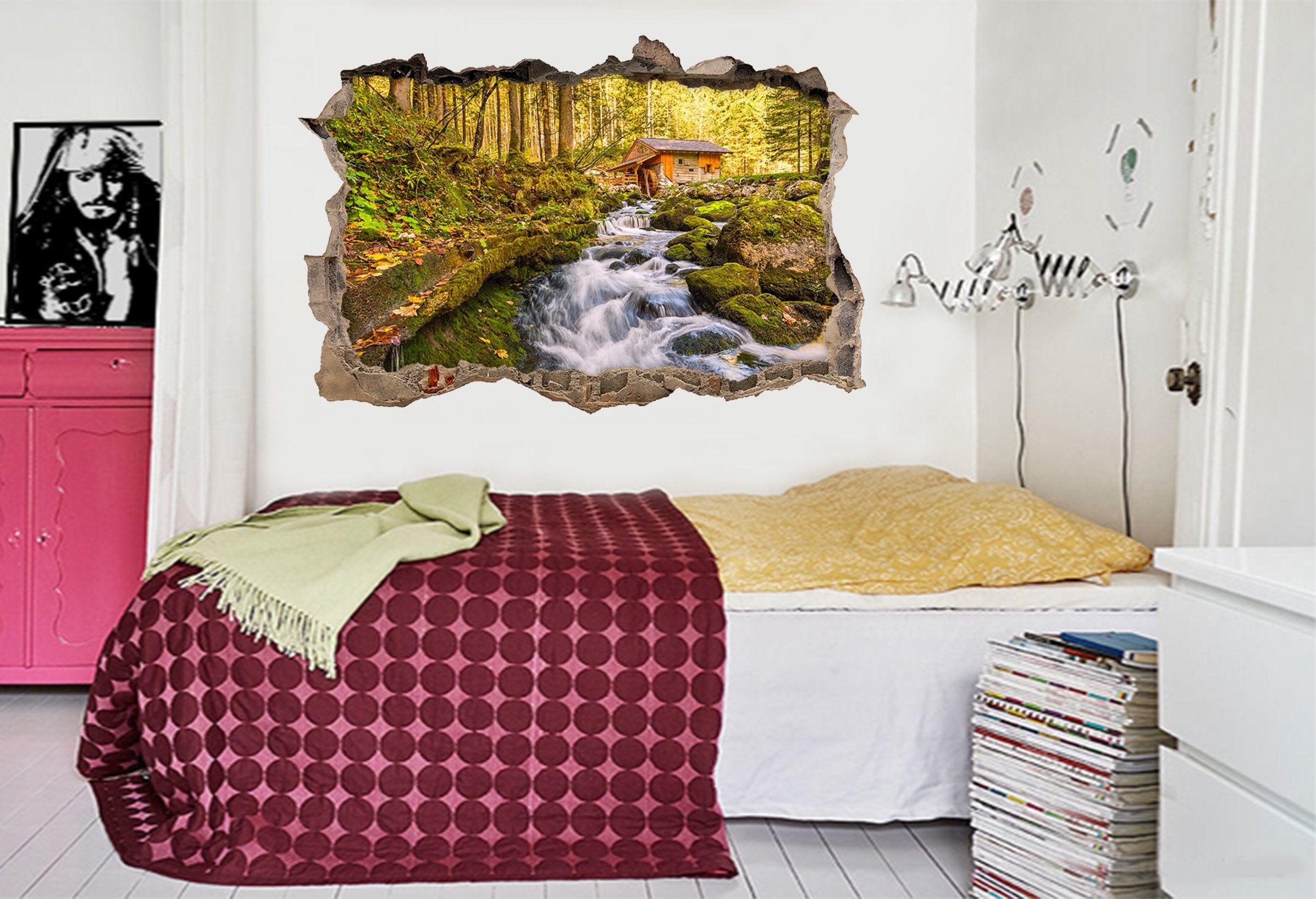 3D Forest Riverside Cottage 031 Broken Wall Murals Wallpaper AJ Wallpaper 