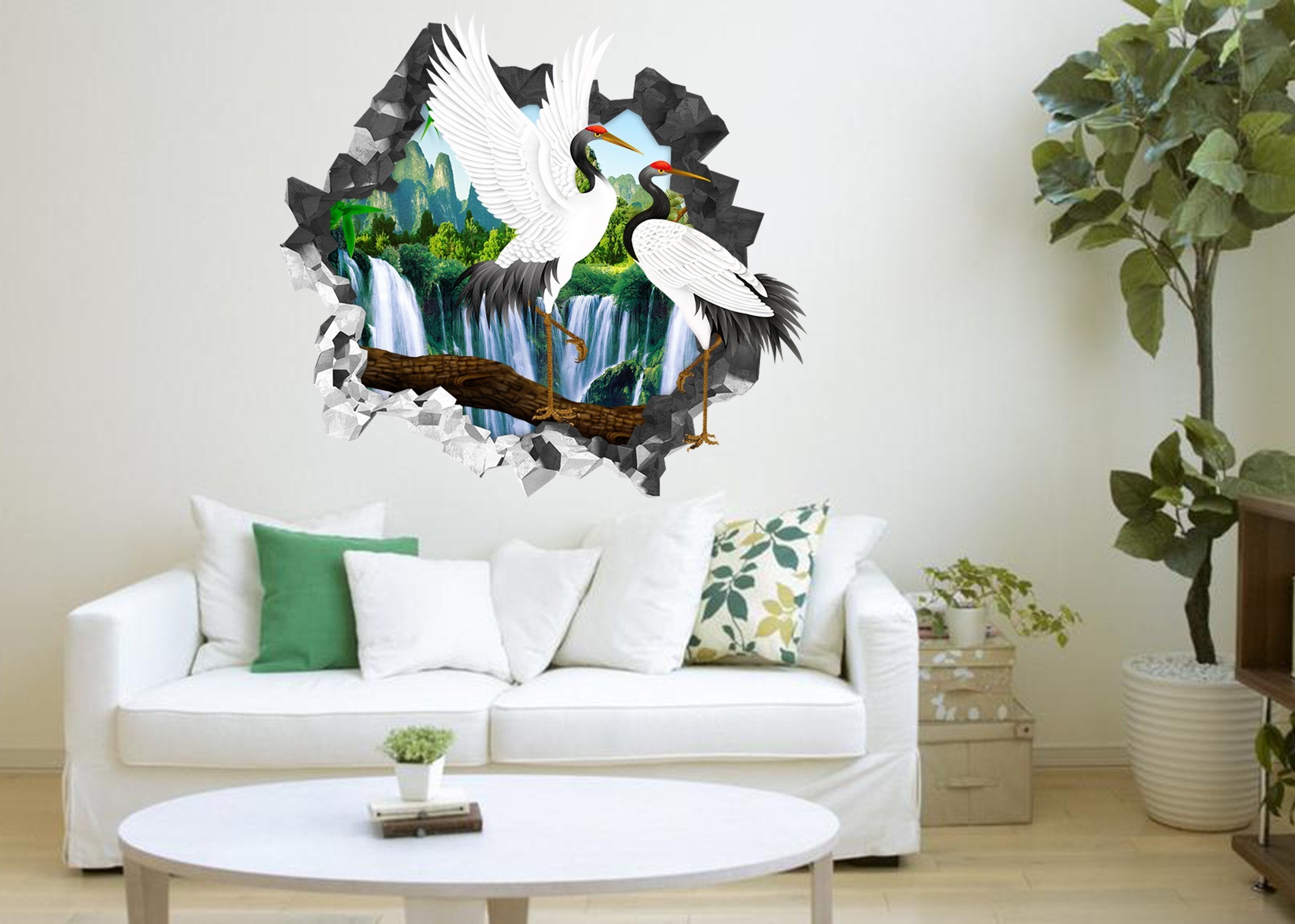 3D Waterfall Cranes 18 Broken Wall Murals Wallpaper AJ Wallpaper 