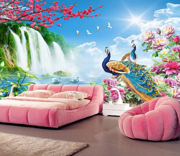 3D Beautiful Peacock And Waterfall Wallpaper AJ Wallpaper 1 