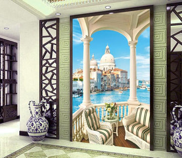 3D Balcony Blue River Town Wallpaper AJ Wallpaper 1 