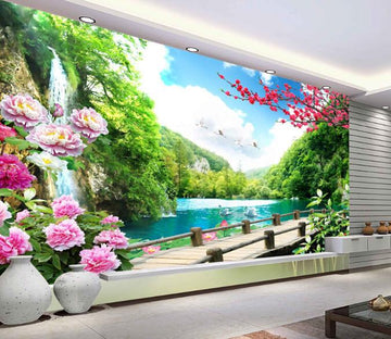 3D Mountain Forest Falls Pink Flowers Wallpaper AJ Wallpaper 1 