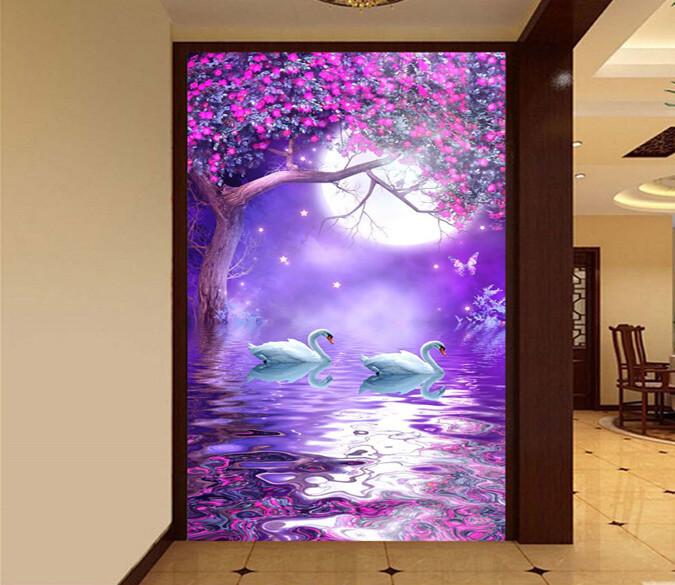 3D Swan Reflection Ripple Moon Porch Wallpaper AJ Wallpaper 1 