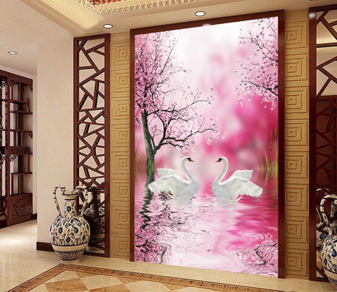 3D Beautiful Flowers And White Swans Wallpaper AJ Wallpaper 1 