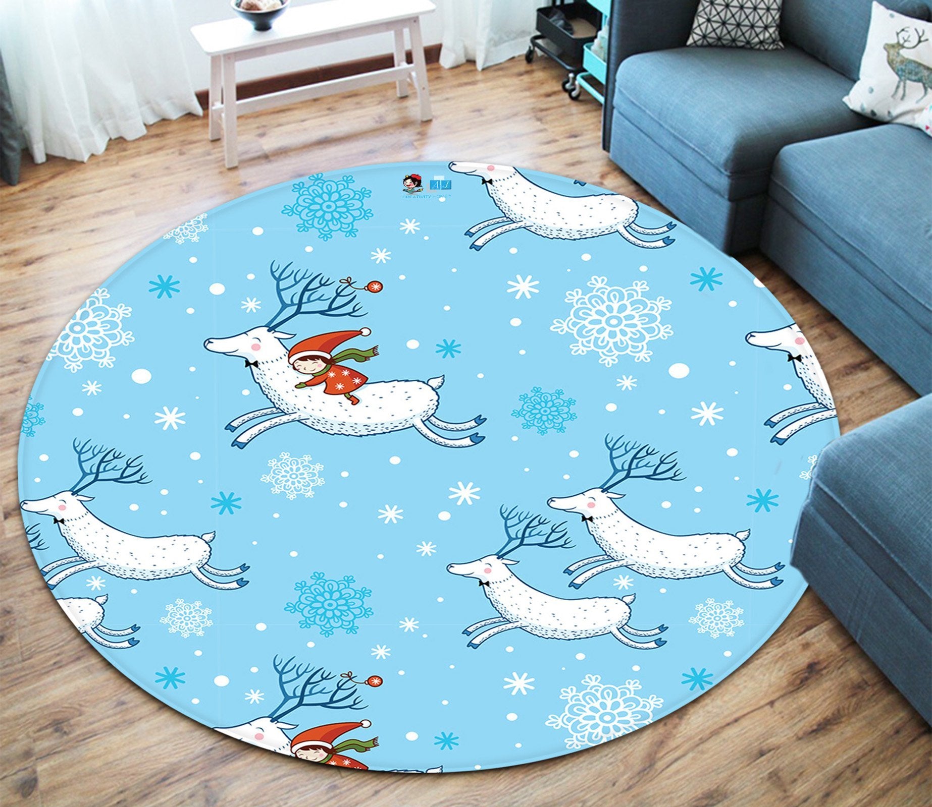 3D Cartoon White Deer 103 Round Non Slip Rug Mat Mat AJ Creativity Home 