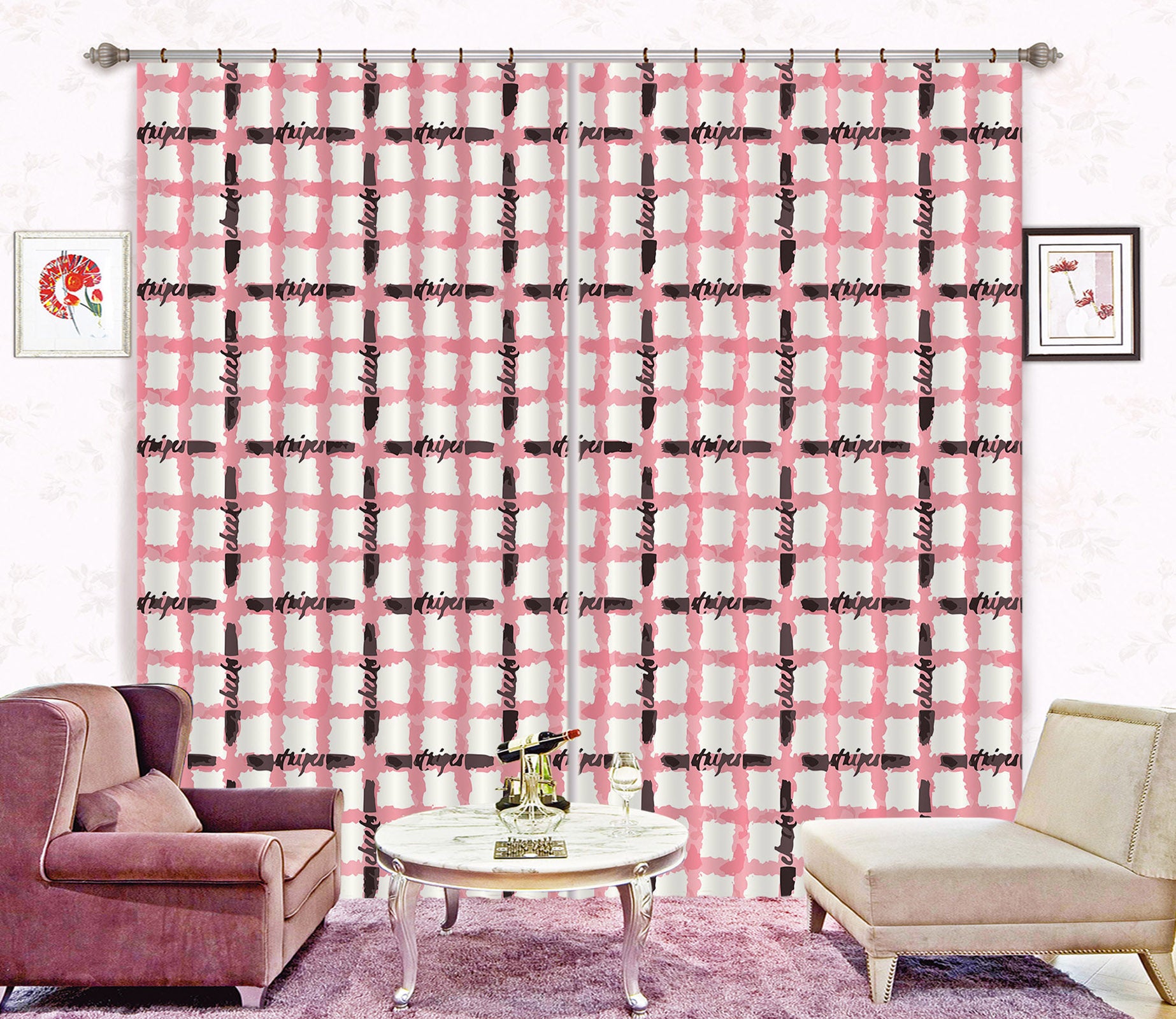 3D Pink Line Plaid 11152 Kashmira Jayaprakash Curtain Curtains Drapes