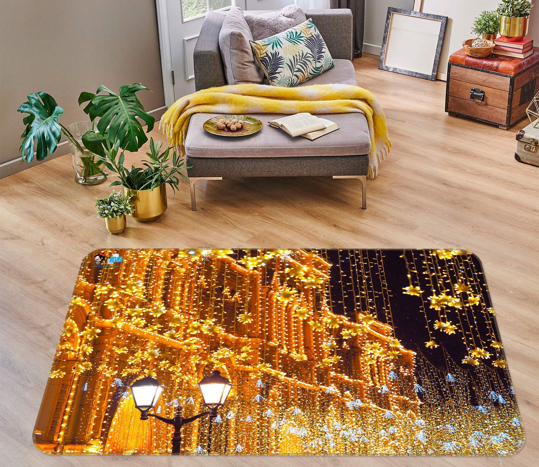 3D String Lights Golden Building 56143 Christmas Non Slip Rug Mat Xmas
