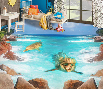 3D Sunshine Dolphins 182 Floor Mural  Wallpaper Murals Rug & Mat Print Epoxy waterproof bath floor