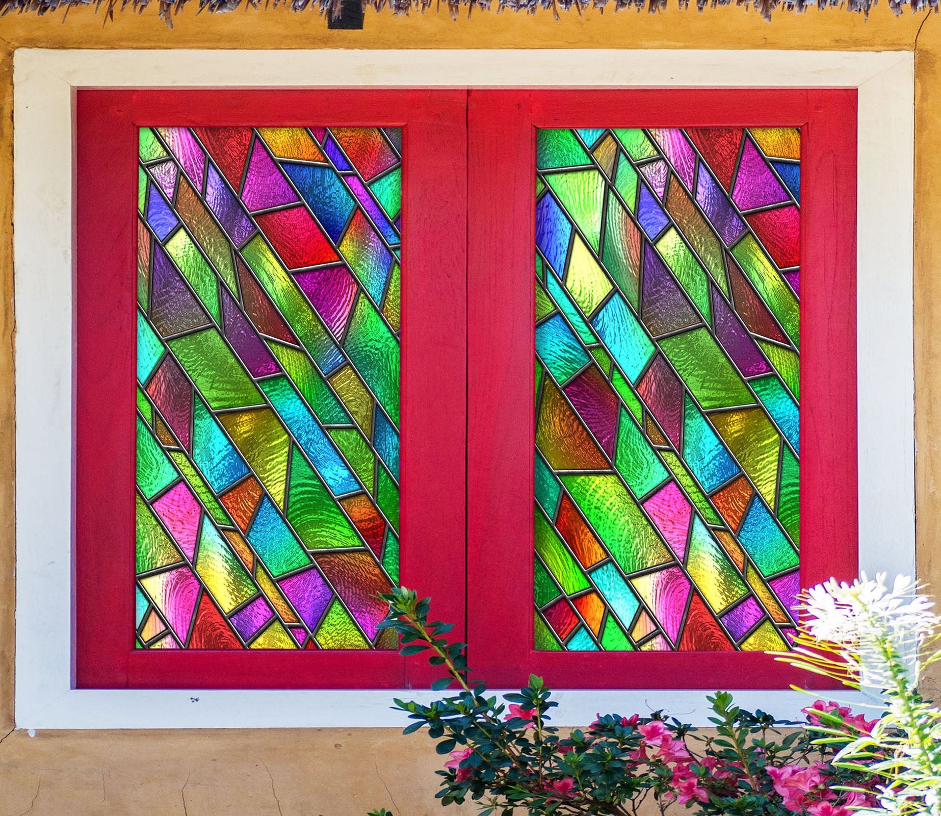 3D Green Square 226 Window Film Print Sticker Cling Stained Glass UV Block