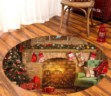 3D Fireplace Sofa 55196 Christmas Round Non Slip Rug Mat Xmas
