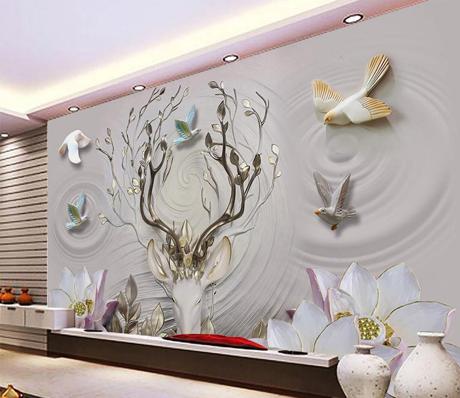 3D Dove Lotus Deer WC634 Wall Murals
